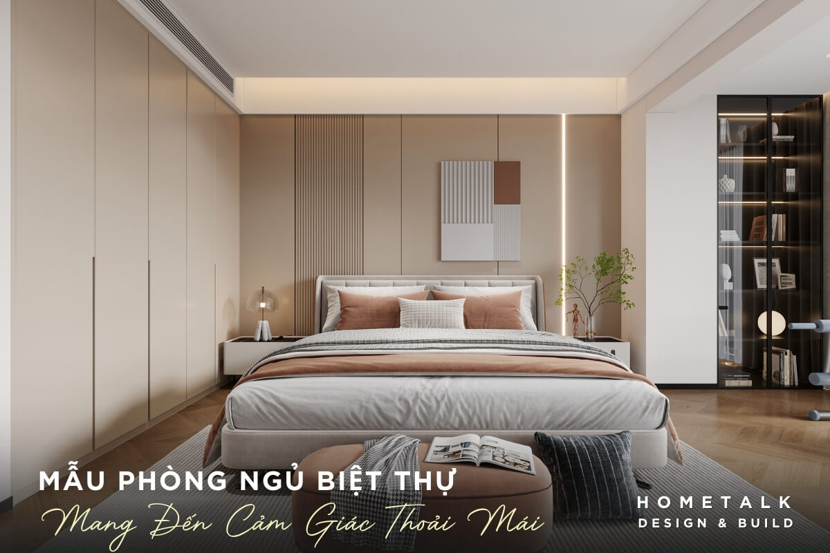 Phong ngu biet thu thiet ke theo phong cach hien dai voi tong mau be nhe, giuong ngu co kich thuoc lon duoc boc ni mau xam nhat tao cam giac rong rai va gon gang