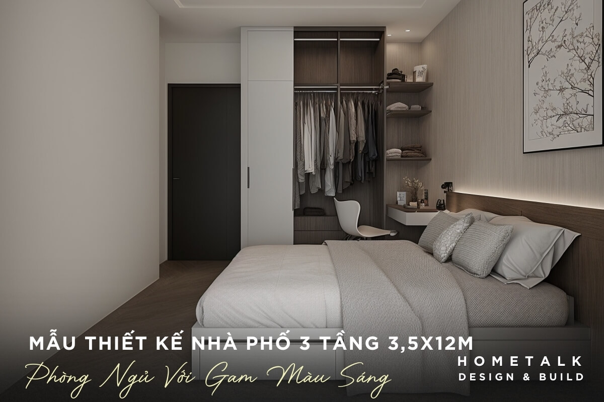 Phòng ngủ có tông màu chủ đạo là trắng, be và nâu gỗ, tạo cảm giác nhẹ nhàng, sạch sẽ và thư thái cho nhà phố 3 tầng 3,5mx12m Phong ngu co tong mau chu dao la trang, be va nau go, tao cam giac nhe nhang, sach se va thu thai cho nha pho 3 tang 3,5mx12m