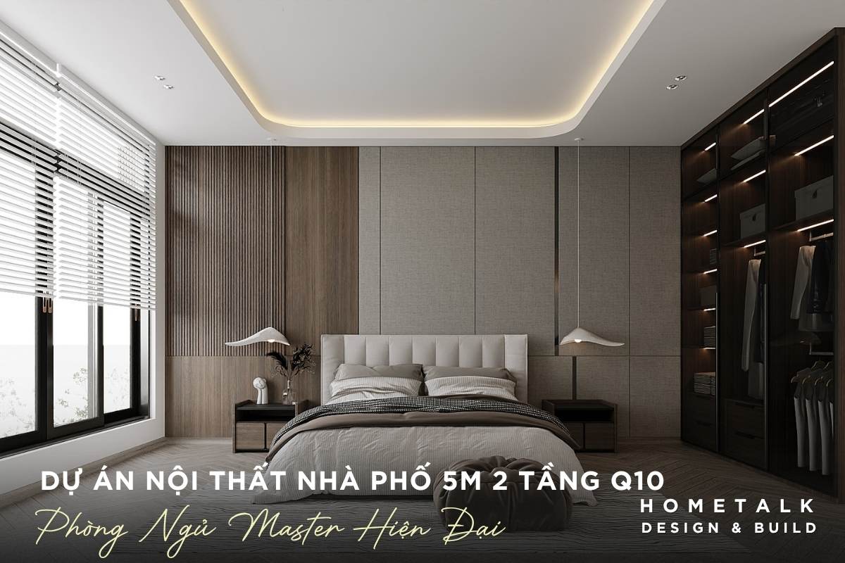 phong ngu duoc hoan thien voi vach dau giuong boc nem cung he den led am tran