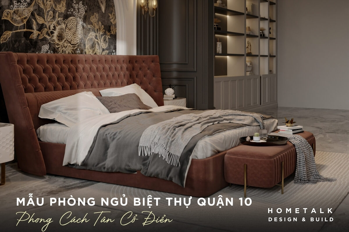 Phong ngu duoc thiet ke tan co dien voi tong mau tram am, tu quan ao lon voi thiet ke am tuong, san nha duoc lat tham mau xam, voi hoa tiet hoa van tinh te, sang trong, am cung va tinh te