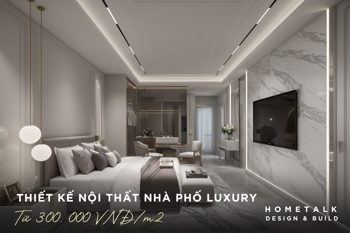 Phong ngu luxury voi tong trang xam sang trong, tuong op da marble, tran cao ket hop den LED chay vien tinh te