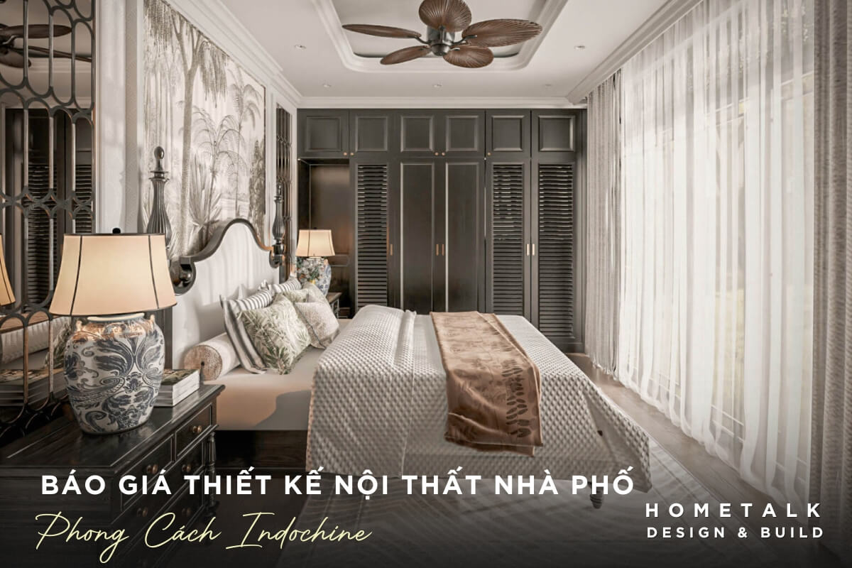 Phong ngu mang net co dien dac trung cua Indochine voi tong mau chu dao la den, trang kem, nau go dam, tao cam giac vua co dien vua sang trong, am cung