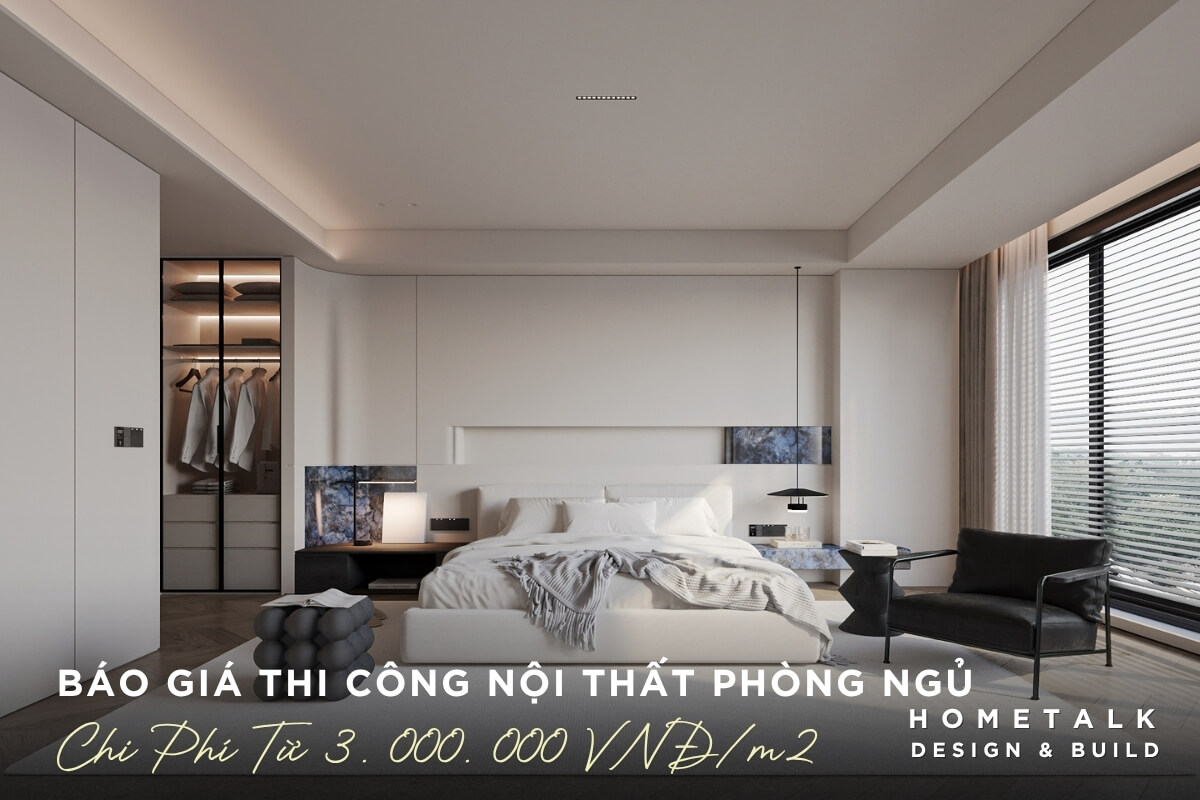 Phong ngu nha pho Hien dai voi noi that chinh la giuong, tu quan ao va tab dau giuong