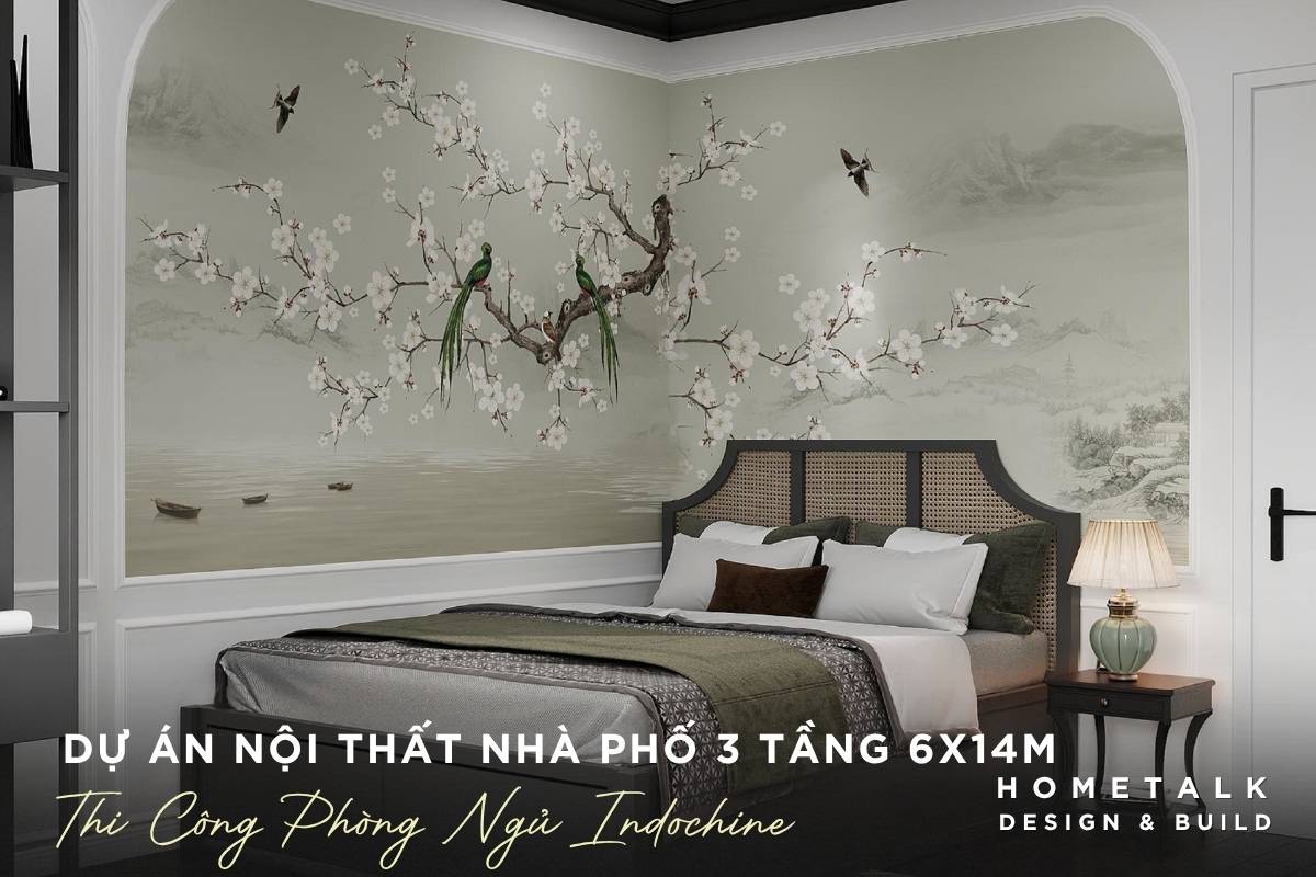 phong ngu nha pho indochine noi bat voi tranh tuong hoa dao va giuong go cham khac tinh te