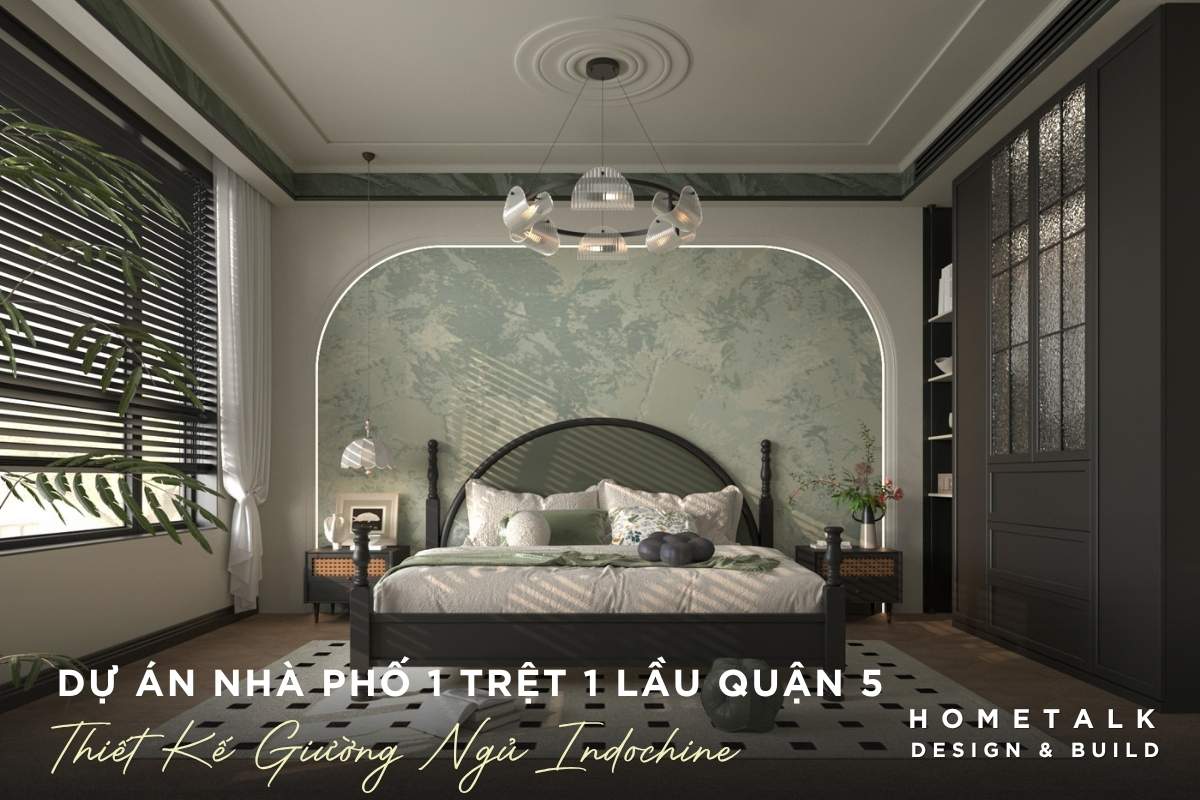 Công ty thiết kế thi công nội thất nhà phố quận 5 TPHCM chuyên nghiệp và uy tín 59 phong ngu nha pho quan 5 indochine noi bat voi giuong khung go va tu kinh den am tuong