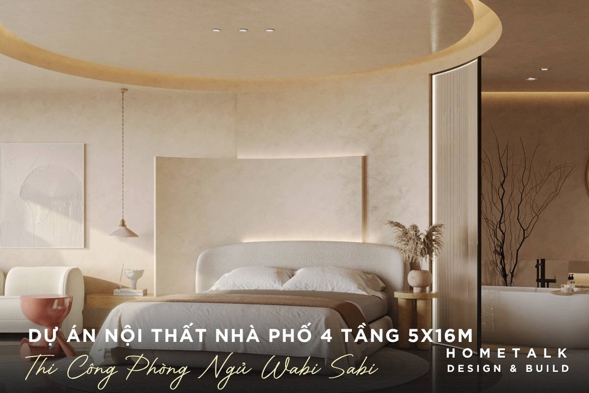 phong ngu nha pho quan 9 duoc thi cong voi tuong tho va lay gam mau be lam chu dao