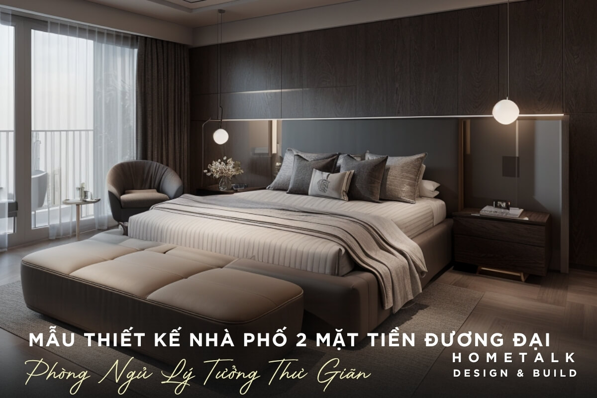 Phong ngu rong rai, tran ngap anh sang tu nhien tu cua so lon voi tong mau chu dao la nau go sam, xam va be tao cam giac sang trong, am ap