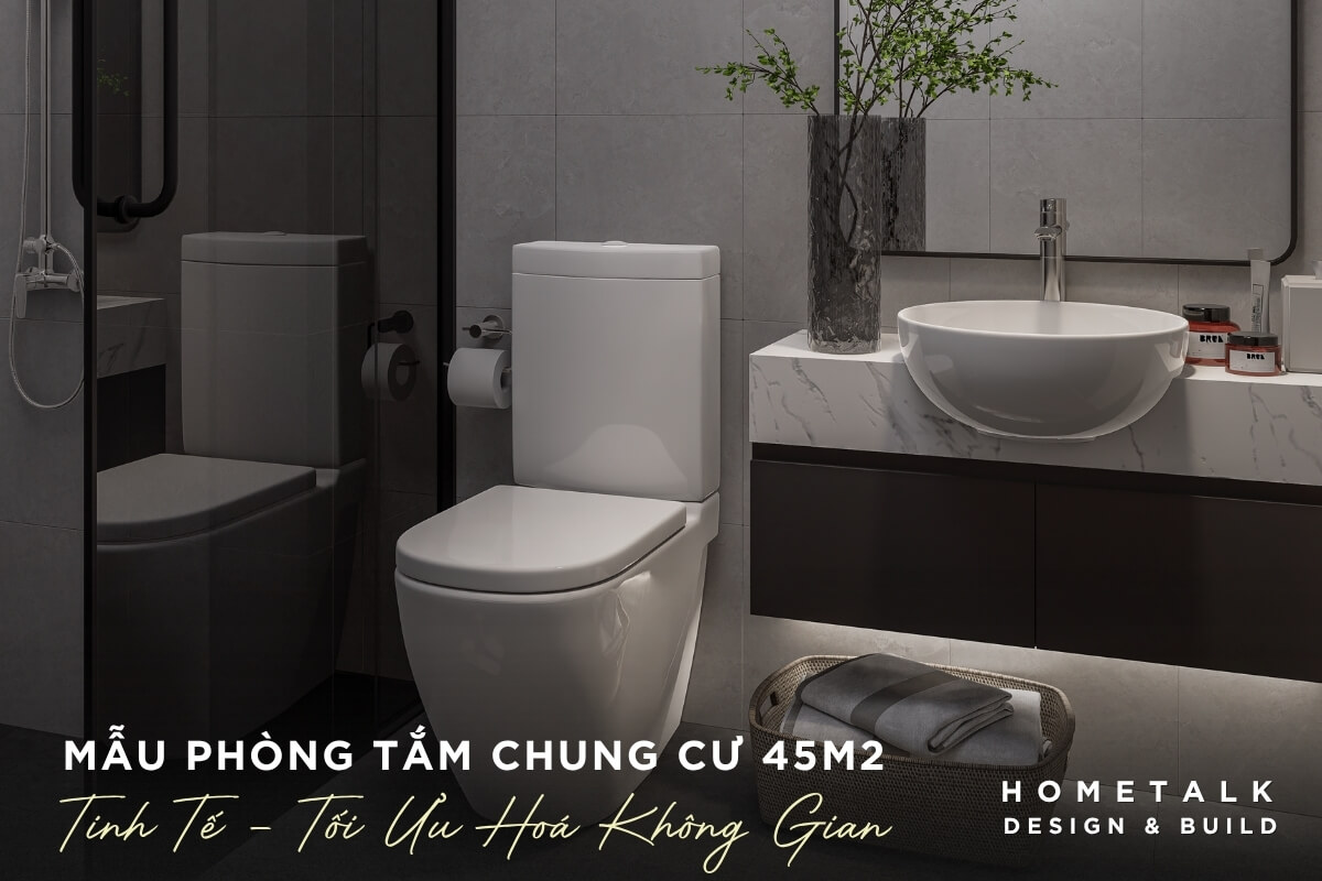Phòng tắm được thiết kế với tông màu xám chủ đạo tinh tế trong căn hộ 45m2 Phong tam duoc thiet ke voi tong mau xam chu dao tinh te va day du tien nghi va dong bo voi phong cach thiet ke toi gian