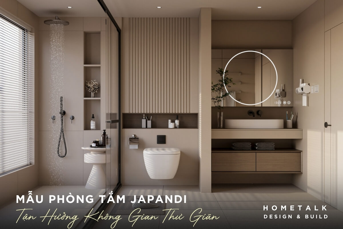 Phong tam theo phong cach Japandi voi phan vach ngan trong suot tinh te phan chia khong gian tam va khu vuc toilet, vua tao rieng tu vua giu duoc cam giac rong rai, thong thoang