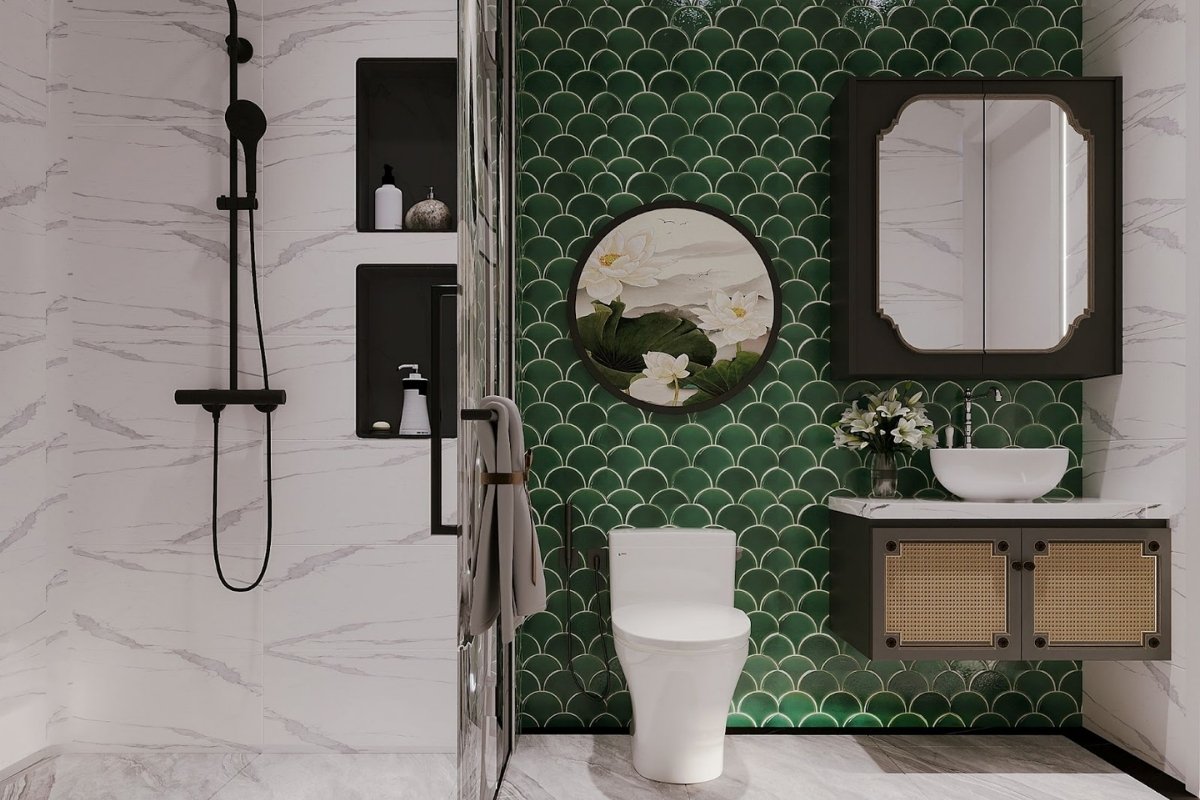Phòng vệ sinh phong cách Indochine độc đáo, hút mắt với gạch xanh, họa tiết mây cách điệu, đầy đủ thiết bị tiện nghi phong ve sinh phong cach indochine doc dao hut mat voi gach xanh hoa tiet may cach dieu day du thiet bi tien nghi