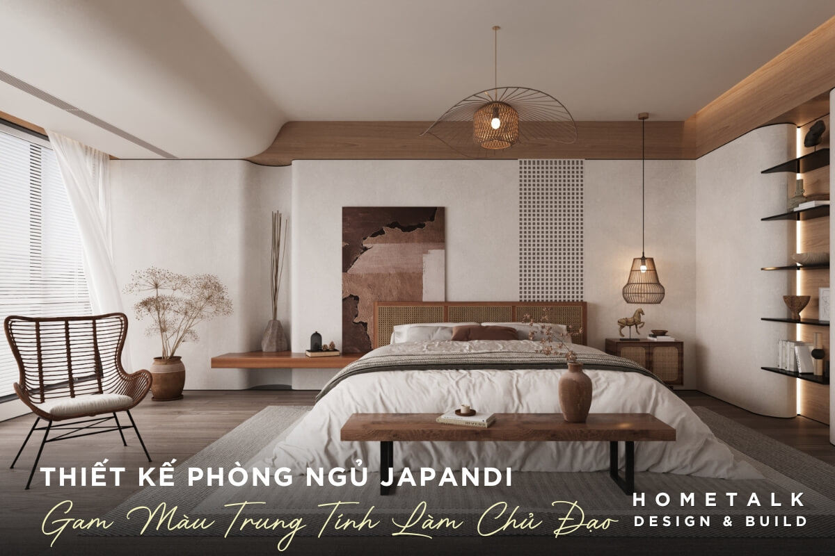 Sàn nhà được lát gỗ công nghiệp màu nâu sẫm, tạo sự ấm áp và tương phản nhẹ nhàng với gam màu trung tính San nha duoc lat go cong nghiep mau nau sam, tao su am ap va tuong phan nhe nhang voi gam mau trung tinh cua tong the phong ngu Japandi