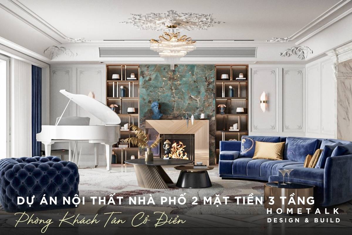 sofa nhung xanh dan piano trang tao nen khong gian tiep khach tan co dien cao cap