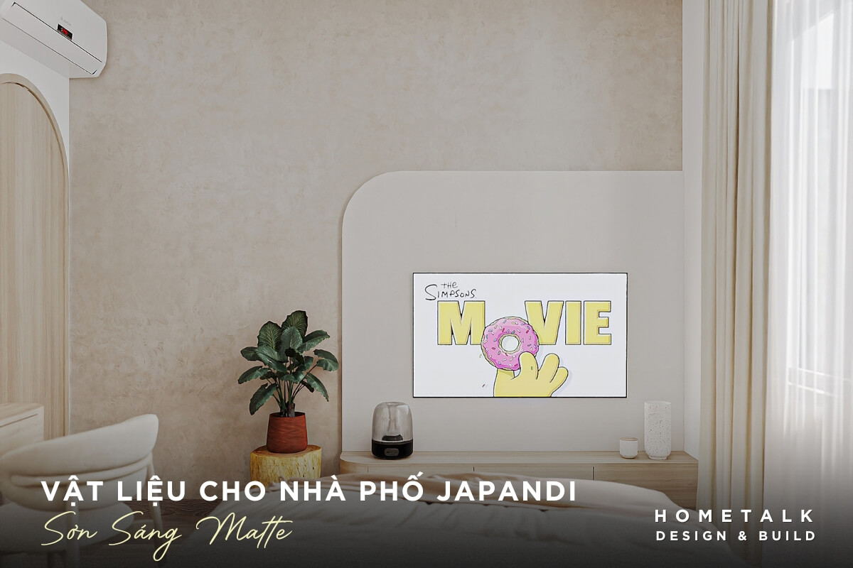 Vật liệu cho nhà phố Japandi 1 son sang matte giup be mat tuong diu mat, it phan chieu va de ve sinh, rat phu hop voi tinh than japandi cho nha pho