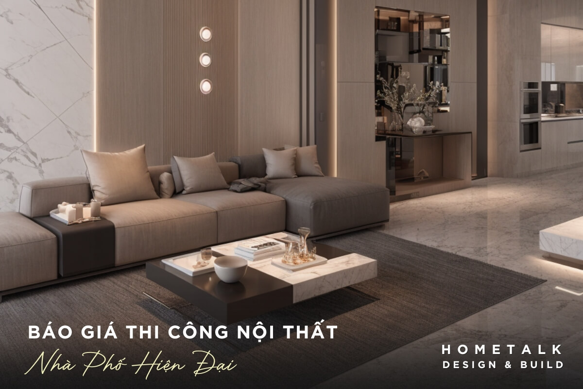 Su dung tuong op da cam thach trang van xam va sofa boc vai cho thi cong noi that nha pho hien dai Quan 8