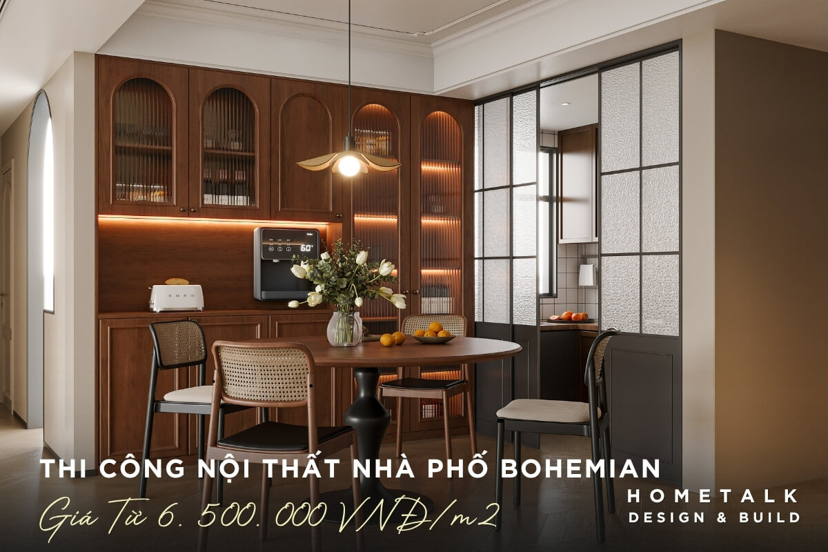 Thi cong noi that nha pho Cu Chi phong cach Bohemian voi khong gian bep go nau am va ban an tron sang trong