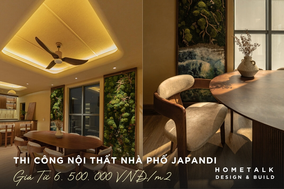 Thi cong noi that nha pho Japandi ket hop thien nhien voi mang tuong reu xanh va ban an go toi gian