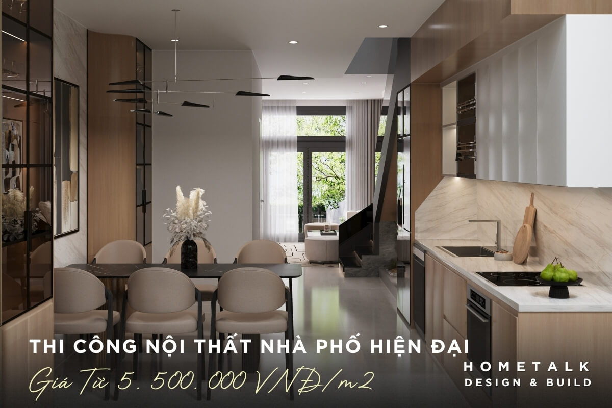 thi cong noi that nha pho thu duc phong cach hien dai tap trung vao cong nang, mau trung tinh va vat lieu gon nhe