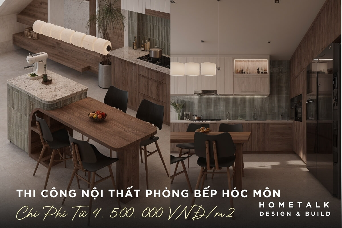 Thi cong noi that phong bep hien dai tai Hoc Mon voi thiet ke go am den tran Nhat sang trong