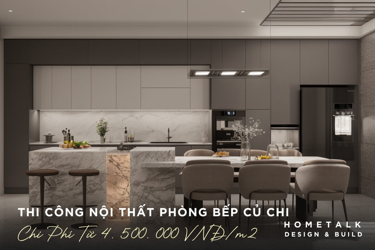 Thi cong noi that phong bep hien dai tai nha pho Cu Chi voi tu bep xam trang va dao marble sang trong