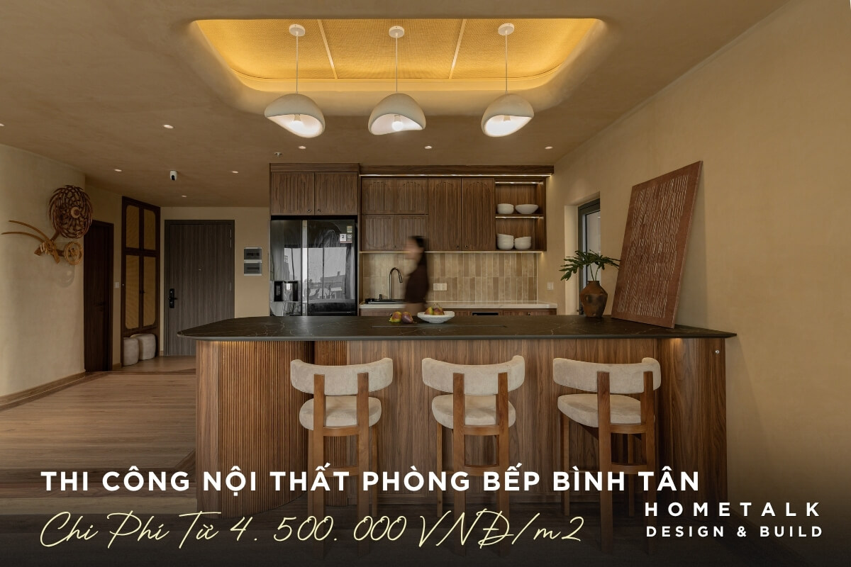 Thi cong noi that phong bep mo voi he tu bep go cao kich tran ket hop tu lanh am tuong tai Binh Tan