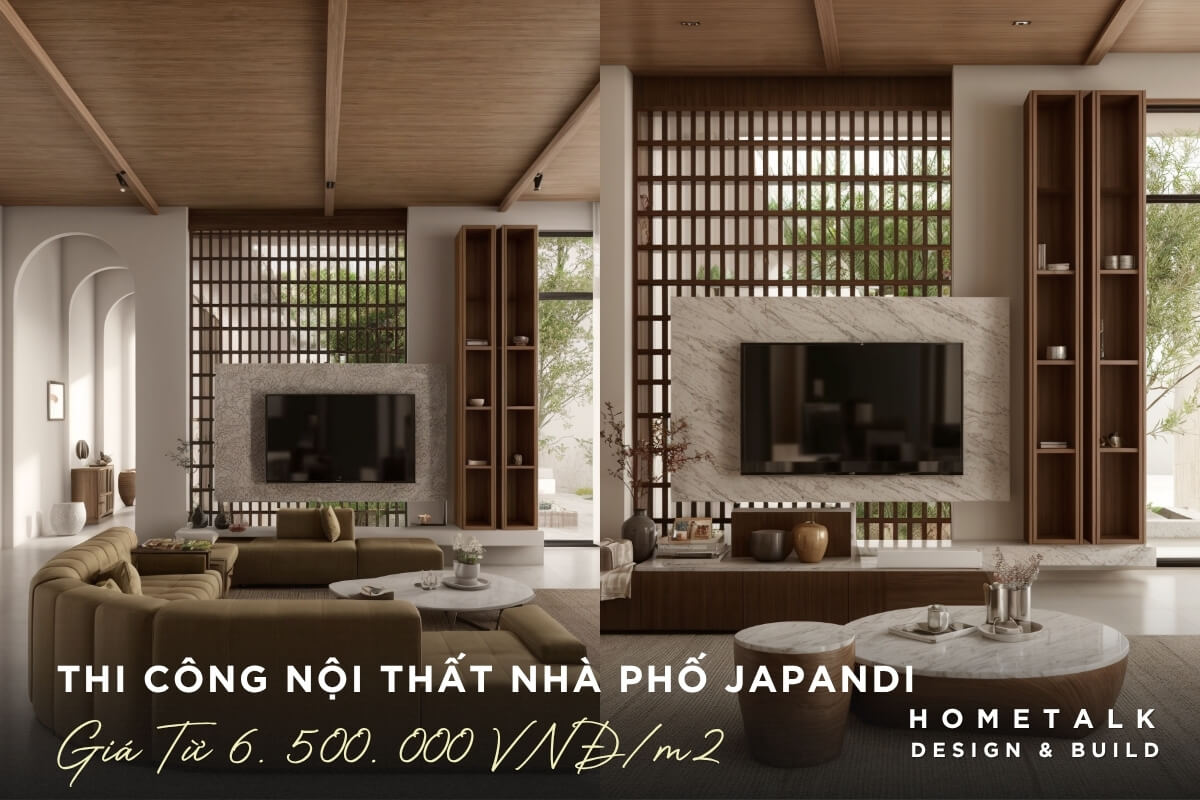 Thi cong noi that phong khach nha pho Japandi voi tran op go ket hop ban tra da tron va he ke trang tri go