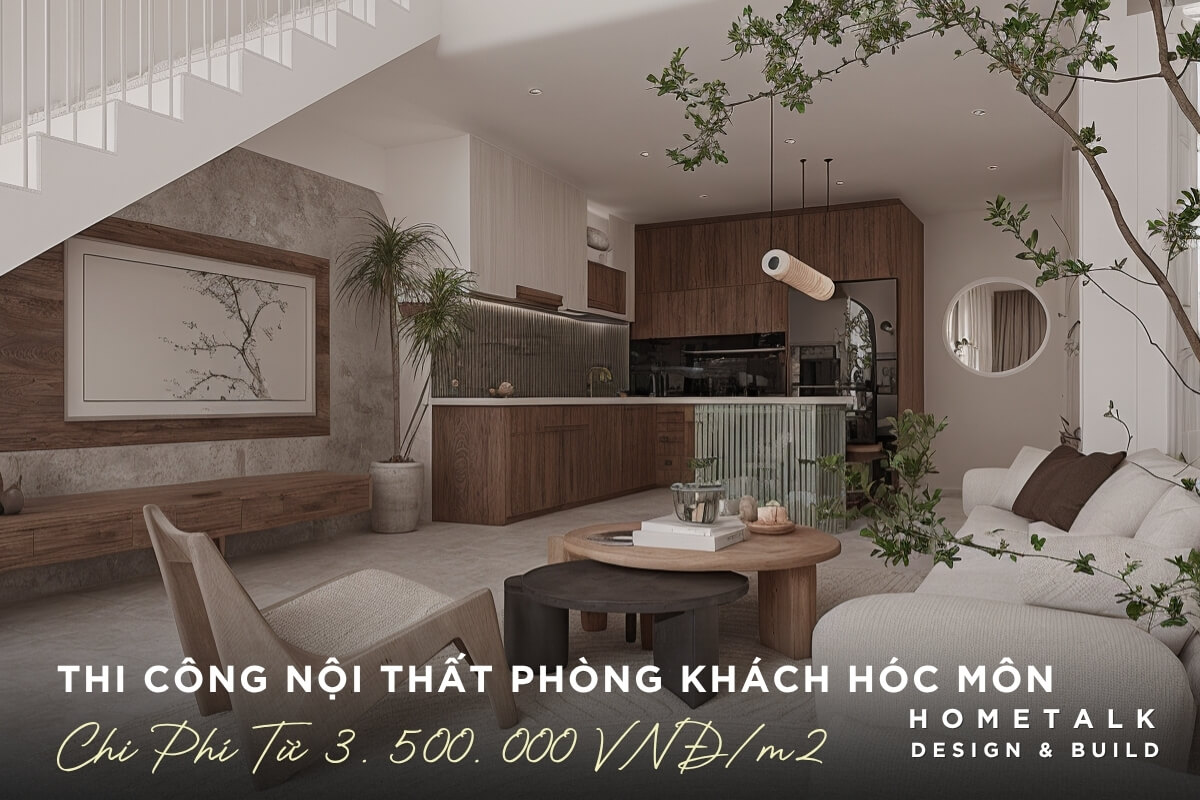 Thi cong noi that phong khach tai Hoc Mon thiet ke mo lien ke bep su dung nhieu chat lieu go va cay xanh trang tri