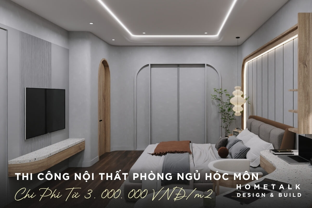 Thi cong noi that phong ngu tai Hoc Mon hien dai toi gian nhung tinh te voi tong mau xam trung tinh va anh sang LED vien am tran