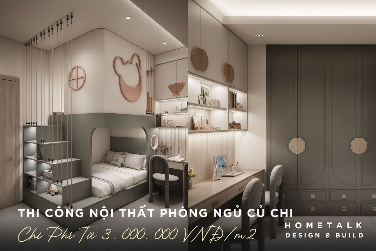 Thi cong noi that phong ngu tre em tai nha pho Cu Chi voi giuong tang thong minh va tong pastel hien dai