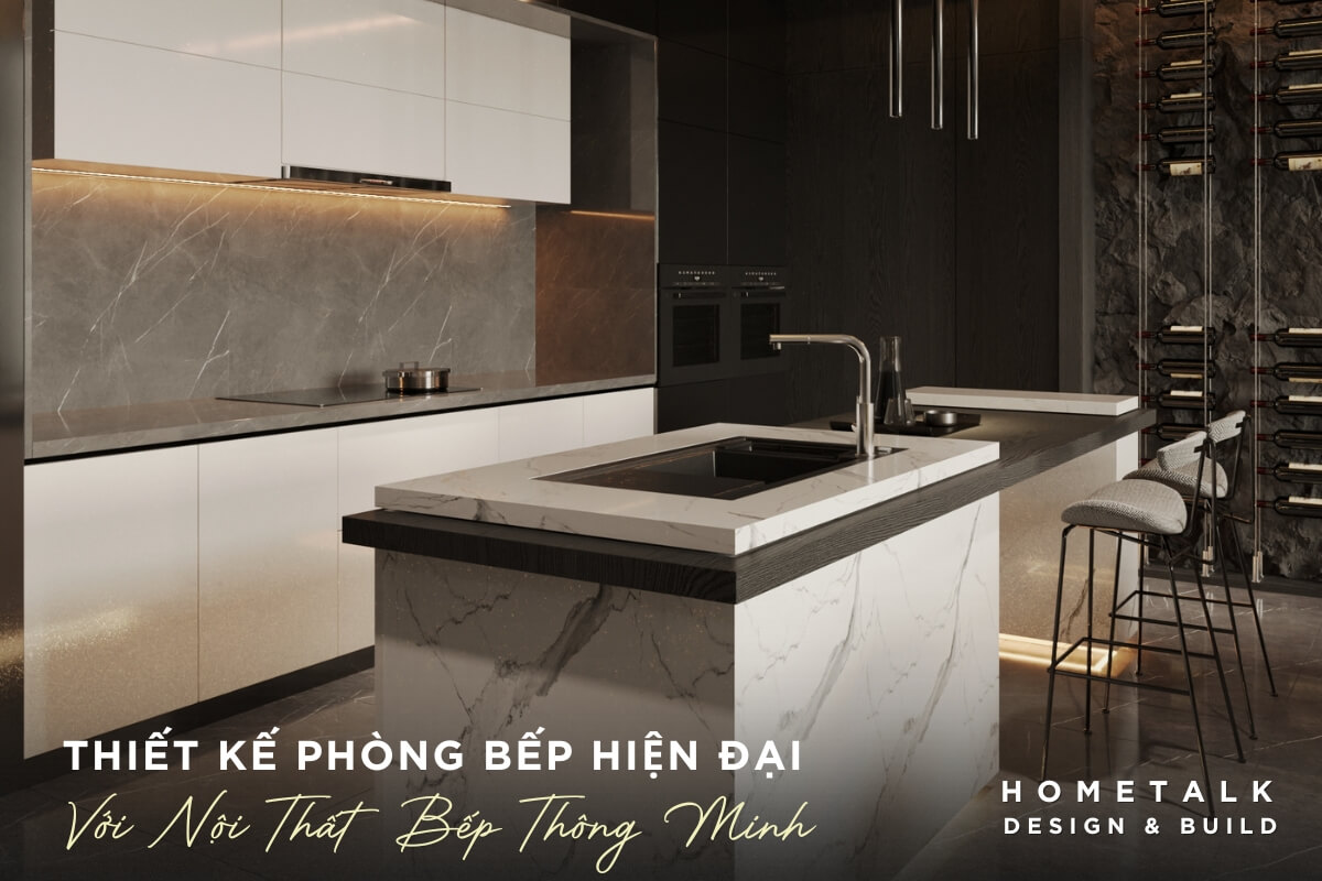 Thiet bi nha bep hien dai duoc tich hop am tu va bep dien duoc tich hop gon gang vao mat ban, tao ve lien mach va hien dai