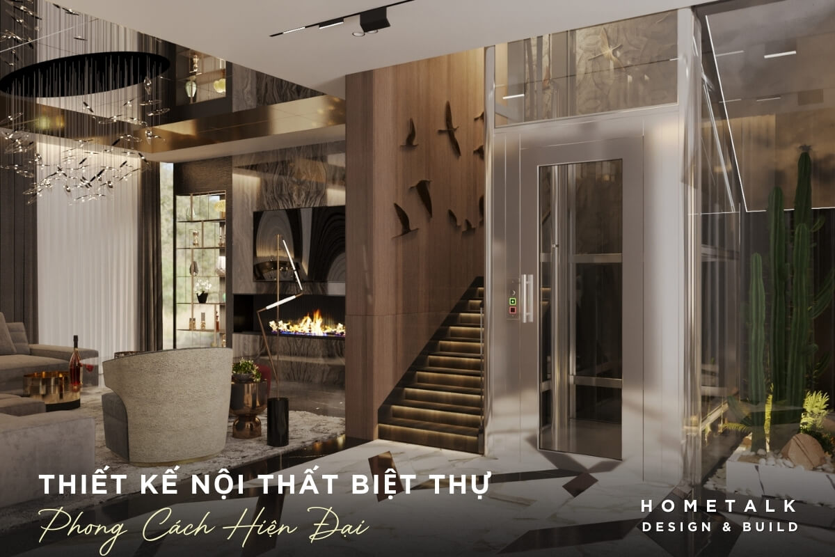 Thiet ke biet thu hien dai voi phong khach thiet ke mo co thang bo len lau ket hop voi thang may kinh trong suot mang den trai nghiem song tuyet voi cho gia chu