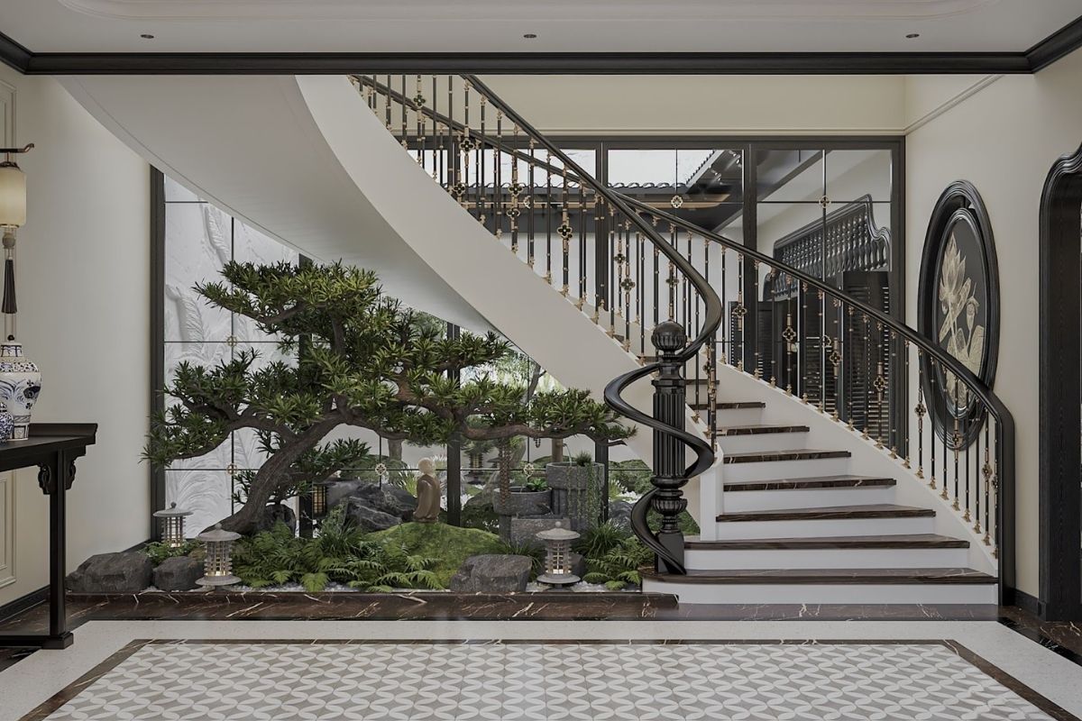Thiết kế cầu thang mềm mại, họa tiết hoa truyền thống cùng với cây bonsai bố trí tao nhã, lịch sự, tinh tế thiet ke cau thang mem mai hoa tiet hoa truyen thong cung voi cay bonsai bo tri tao nha lich su tinh te