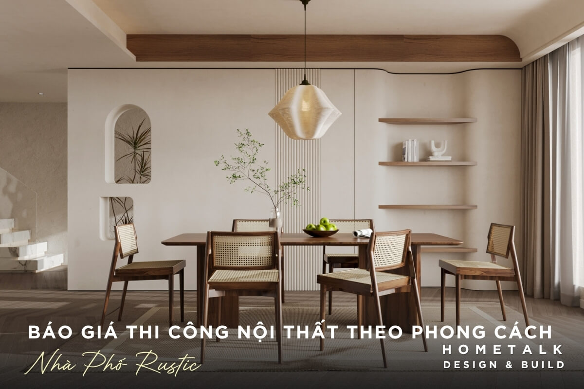 Báo giá thi công nội thất nhà phố Rustic mộc mạc tại quận 12 Phong an nha pho quan 12 am cung voi bo ghe an bang go sam thiet ke don gian, moc mac dac trung cua phong cach Rustic