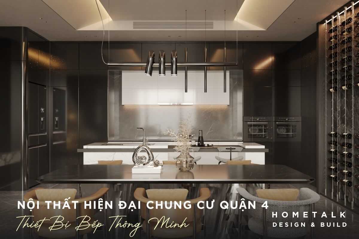 thiet ke khong gian bep rong rai voi thiet bi bep thong minh hien dai bao gom lo nuong lo vi song va may rua bat duoc tich hop vao tu bep tao su tien nghi va gon gang cho khong gian