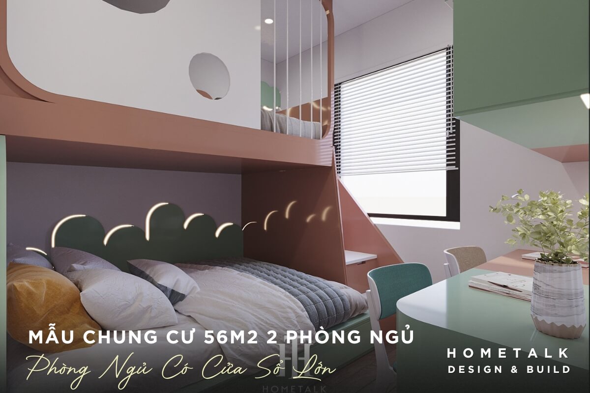 mau thiet ke noi that chung cu 56m2 2 phong ngu toi uu hoa khong gian voi giuong tang doc dao cho phong ngu tre em mau sac tuoi sang co cua so lon tan dung anh sang tu nhien