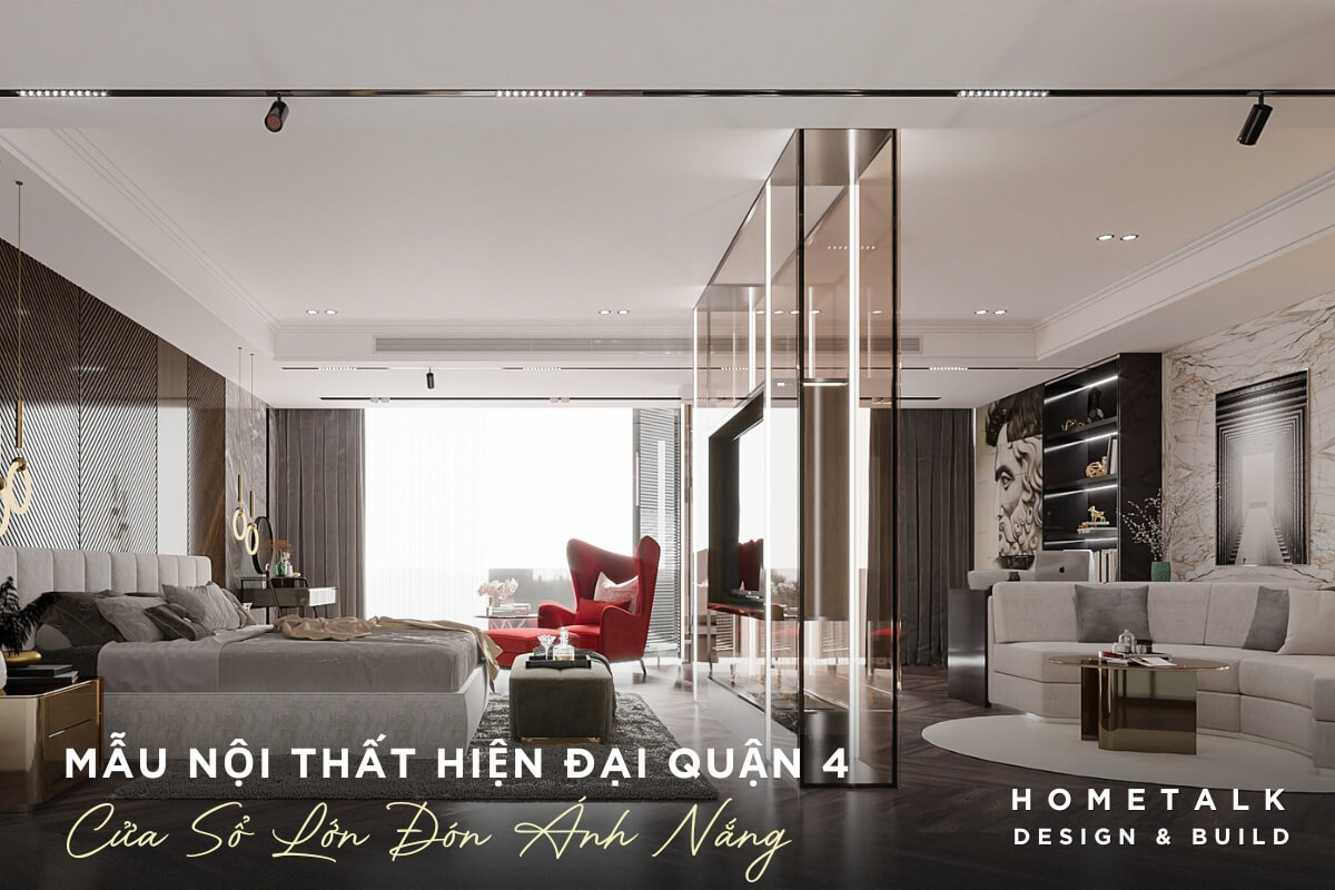 thiet ke noi that chung cu cao cap quan 4 voi phong ngu lien phong khach hien dai voi tong mau trung tinh co cua so lon don anh sang tu nhien vao phong