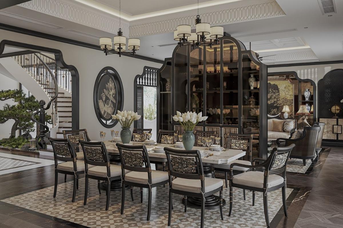 Thiết kế nội thất phòng ăn Indochine lấy ý tưởng từ hoa sen, tạo cảm giác yên bình, tinh tế mà không mất đi độ cao cấp thiet ke noi that phong an indochine lay y tuong tu hoa sen tao cam giac yen binh tinh te ma khong mat di do cao cap