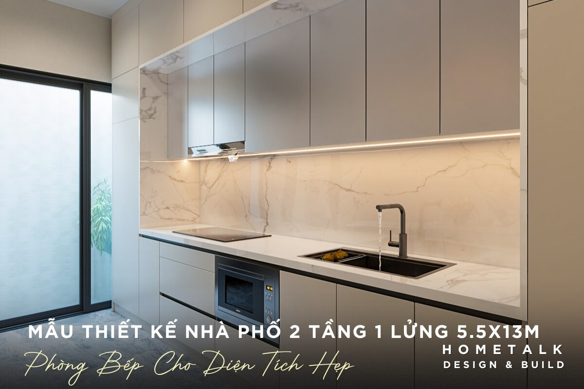 Mau thiet ke noi that phong bep nha pho 2 tang 1 lung 5.5x13m voi tong mau sang toi uu dien tich hep