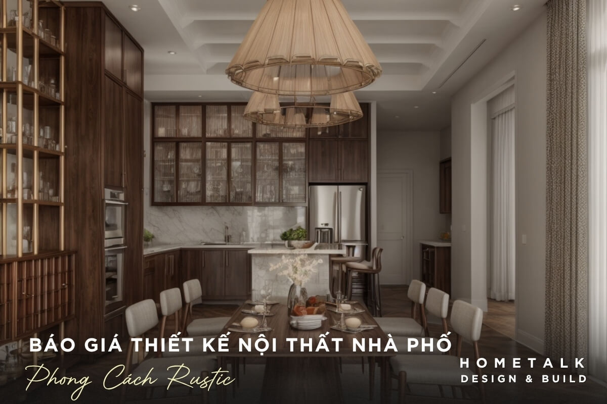 Thiet ke noi that phong bep va phong an mo Rustic su dung chat lieu go sam mau mang cam giac am cung