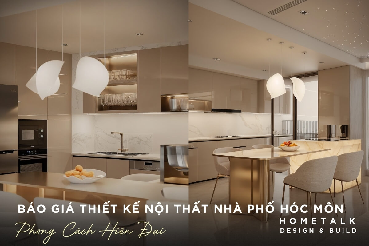 Thiet ke noi that phong cach hien dai tai Hoc Mon voi khong gian bep sang trong ket hop vat lieu cao cap