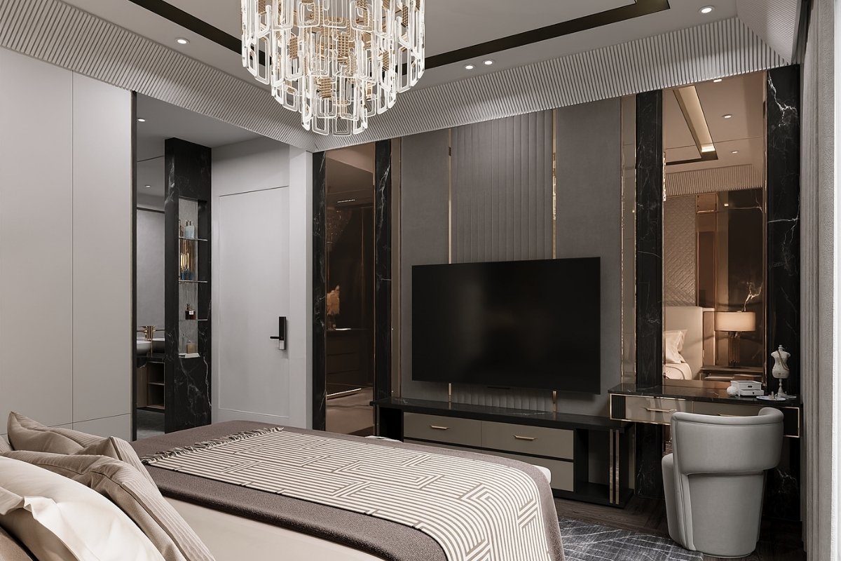 Thiết kế nội thất phòng ngủ hiện đại, sang trọng với đèn chùm pha lê lộng lẫy, ấn tượng, thu hút thiet ke noi that phong ngu hien dai, sang trong voi den chum pha le long lay, an tuong, thu hut