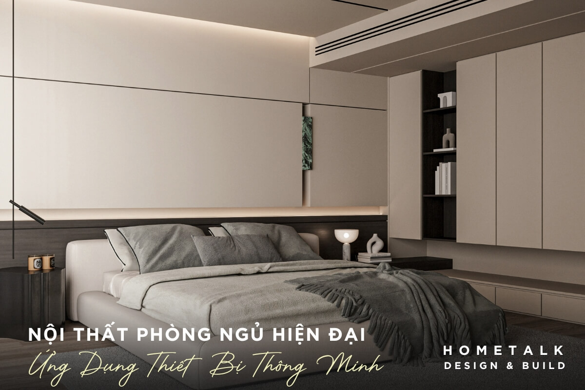 thiet ke noi that phong ngu hien dai ung dung cong nghe nhu den Led am tran, he thong dieu hoa am tran duoc tich hop gon gang, dam bao su thoai mai