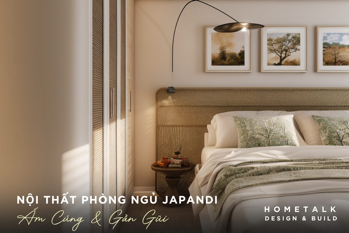 thiet ke noi that phong ngu Japandi voi giuong ngu lon mau trang kem va chan mau be nhat cung he tu lon mau trang nga on gang va toi gian, toi uu hoa khong gian luu tru