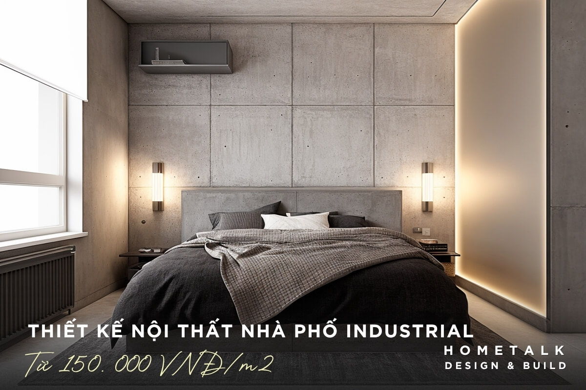 Thiet ke noi that phong ngu phong cach Industrial cho nha pho Cu Chi voi tuong be tong va anh sang hat hien dai