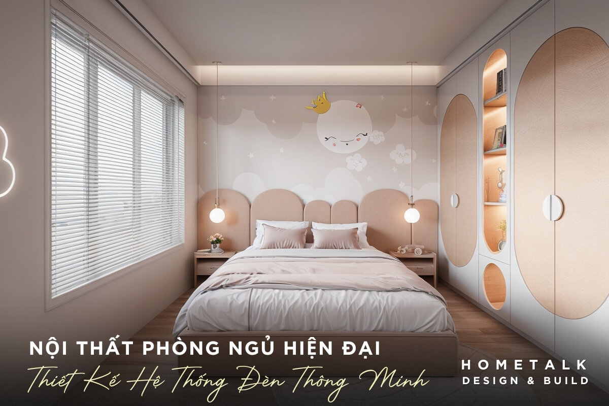 Thiet ke noi that phong ngu tre em hien dai bao gom den LED am tran va hai chiec den tha tran hinh cau don gian duoc treo phia tren ban dau giuong