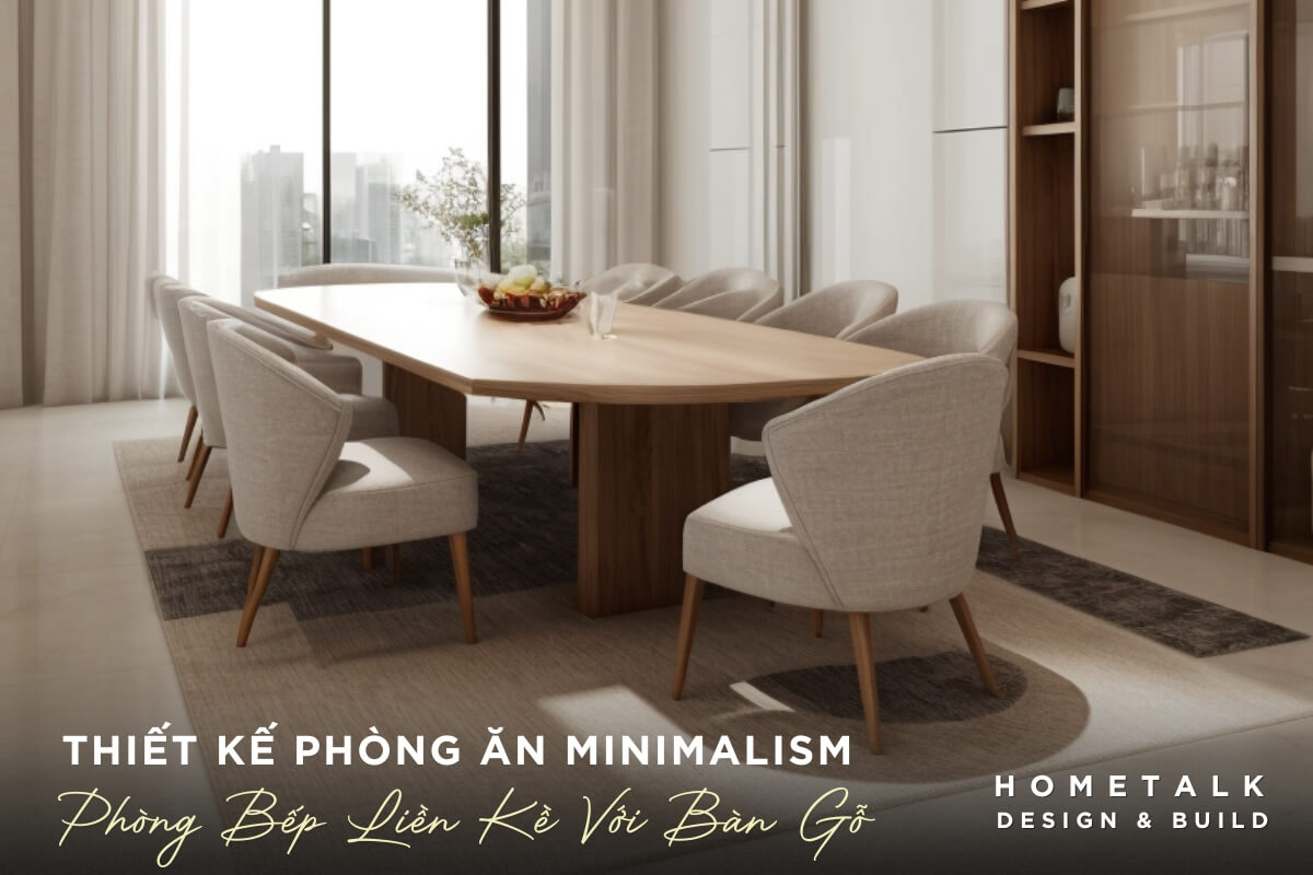 Thiet ke phong an Minimalism voi phong bep lien ke va ban go hinh bau duc tao khong gian an uong hien dai, sang trong va am cung cho can ho 90m2