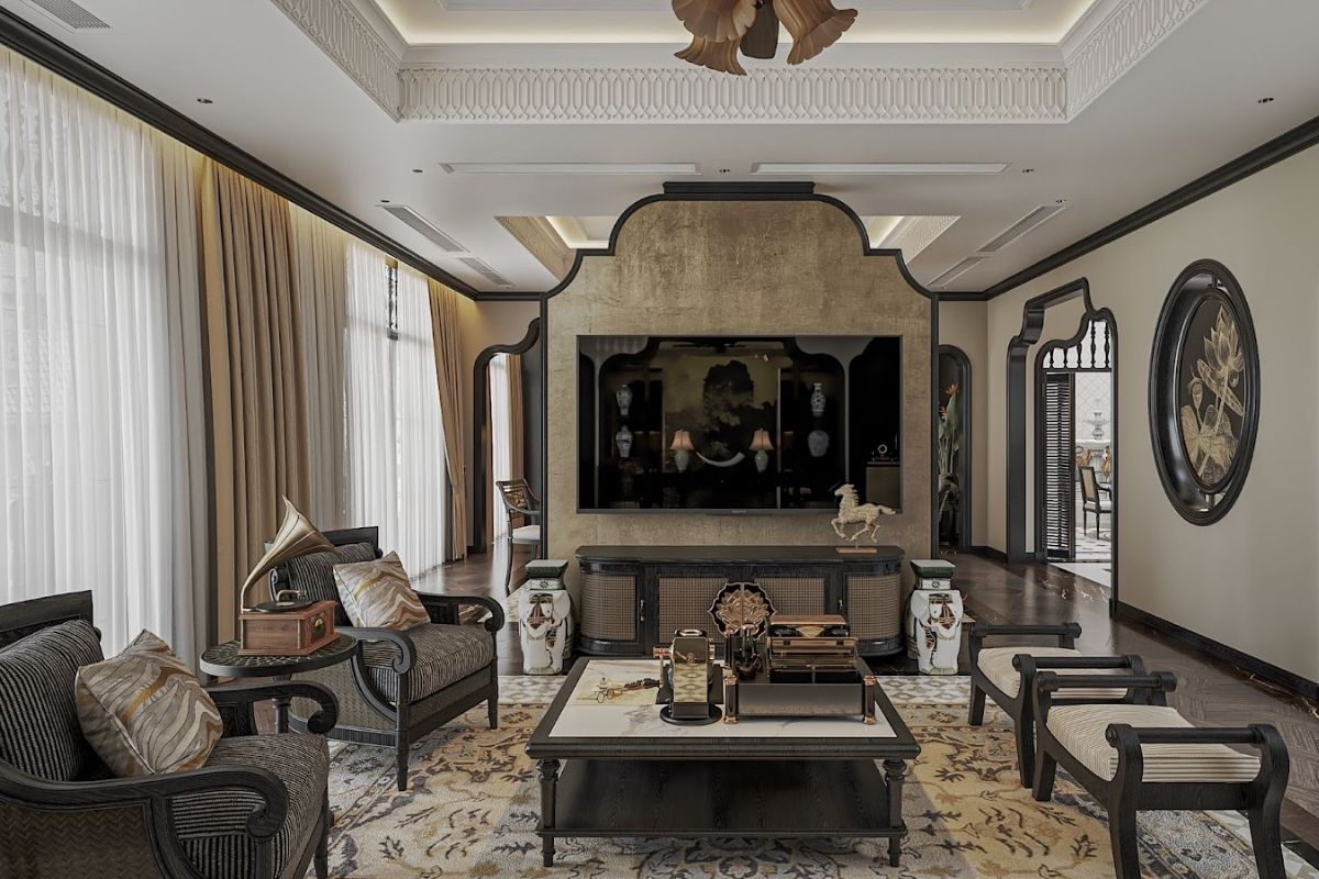 Thiết kế phòng khách biệt thự kiểu Indochine tông màu trầm ấm, nhẹ nhàng của gỗ tự nhiên, vải, mây tre thiet ke phong khach biet thu kieu indochine tong mau tram am nhe nhang cua go tu nhien vai may tre