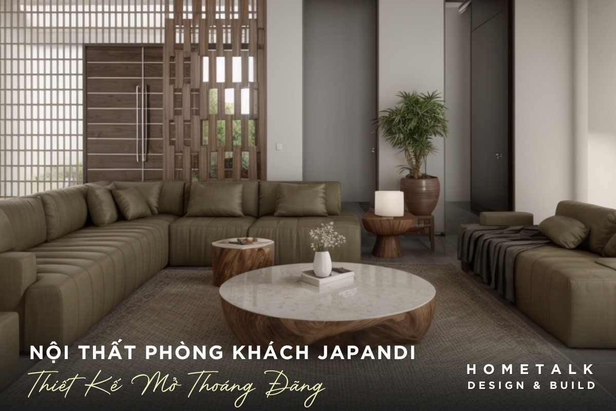 Thiết kế phòng khách Japandi với sofa lớn hình chữ L màu xanh ô liu tạo sự phân chia không gian mở mà vẫn giữ được sự thông thoáng Thiet ke phong khach Japandi voi sofa lon hinh chu L mau xanh o liu tao su phan chia khong gian mo ma van giu duoc su thong thoang, hien dai va yen binh