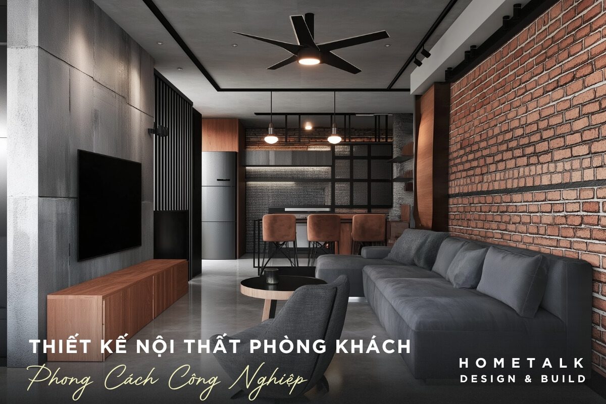 Thiet ke phong khach ket hop hai hoa giua net tho moc cua vat lieu cong nghiep va su tinh te cua hien dai tao cam giac manh me, ca tinh nhung van am cung