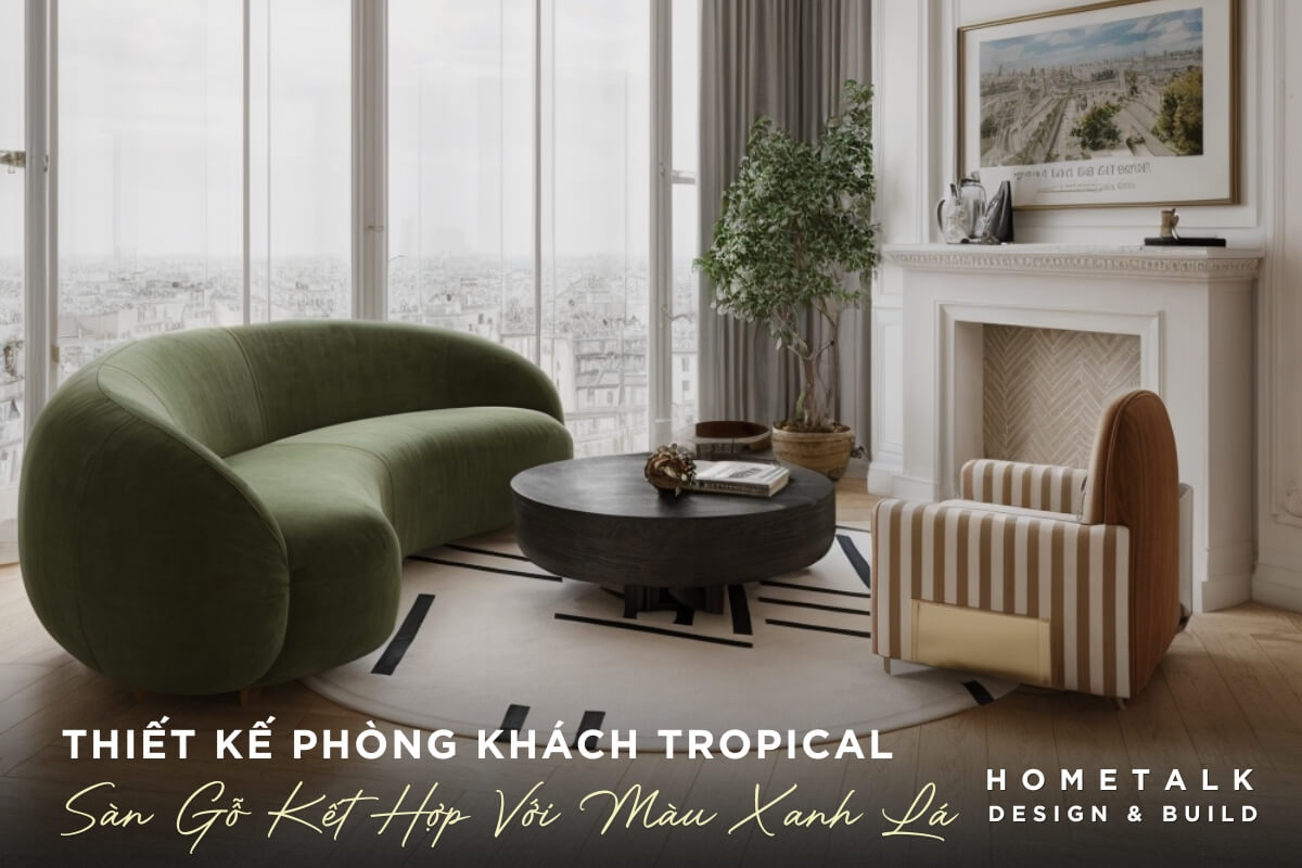 Thiết kế phòng khách nổi bật với sofa màu xanh lá cây đậm với thiết kế mềm mại và sàn nhà được lát gỗ công nghiệp màu nâu sáng Thiet ke phong khach noi bat voi sofa mau xanh la cay dam voi thiet ke mem mai va san nha duoc lat go cong nghiep mau nau sang, tao su am ap va lien mach cho toan bo khong gian