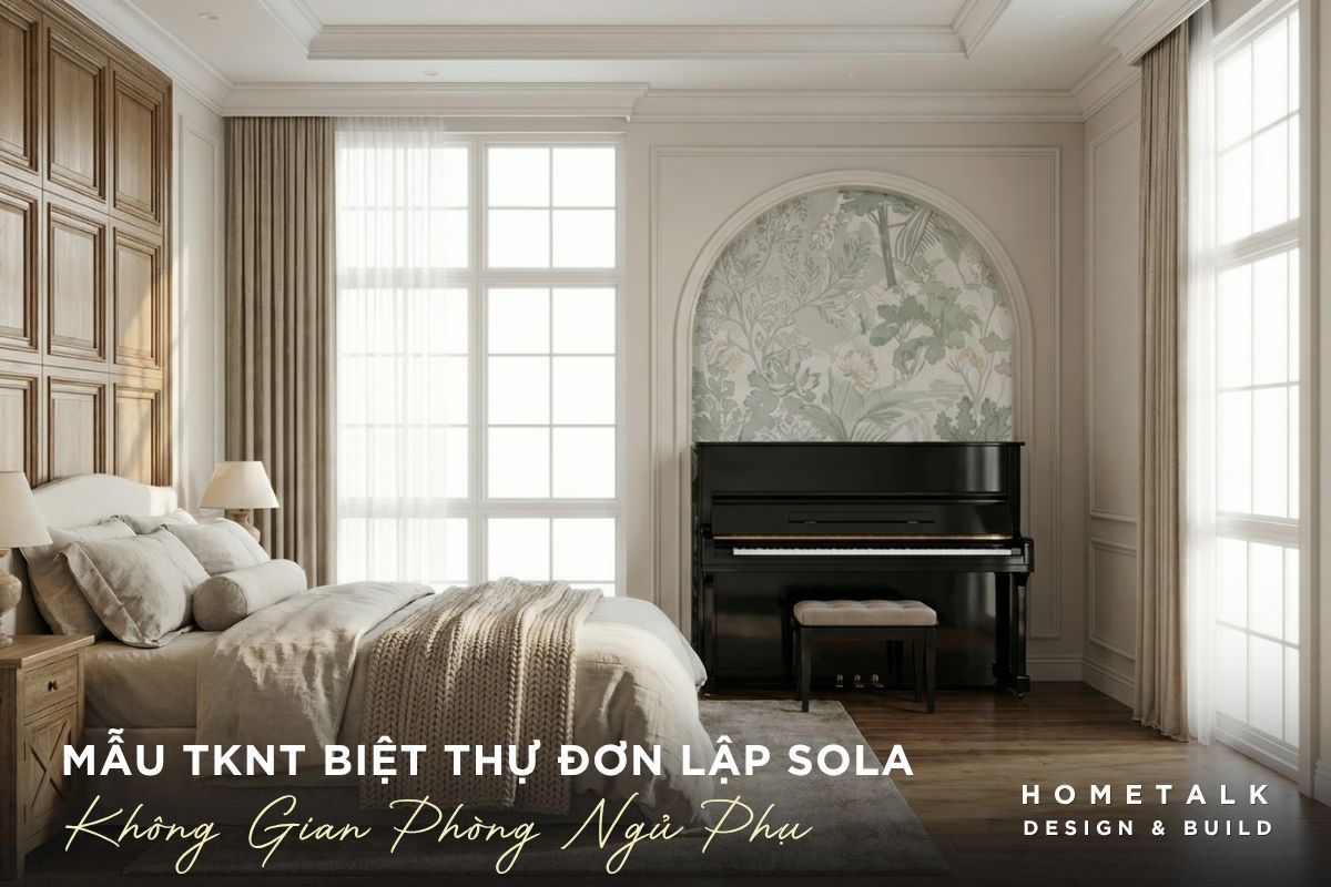 thiet ke phong ngu biet thu sola voi vach op dau giuong bang go